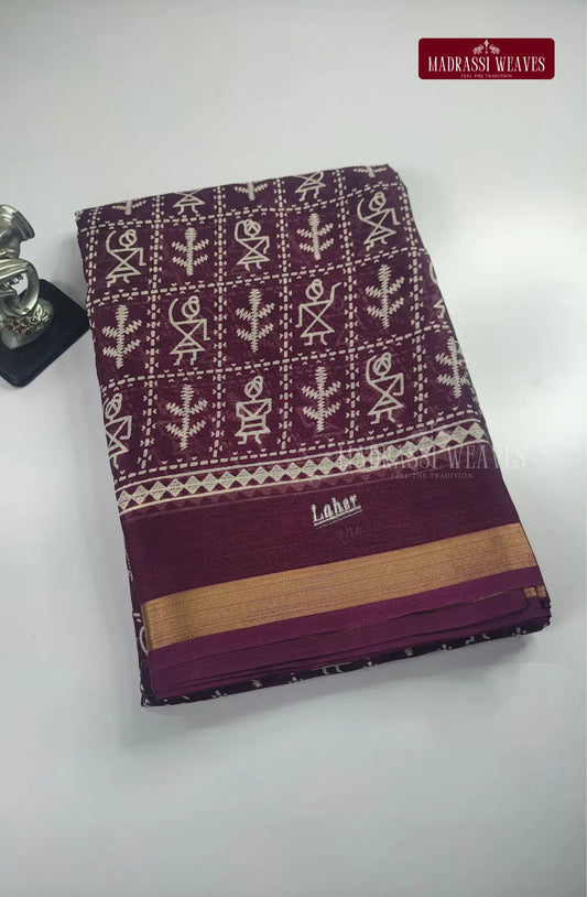 Tribal Design Cotton Saree - Wine